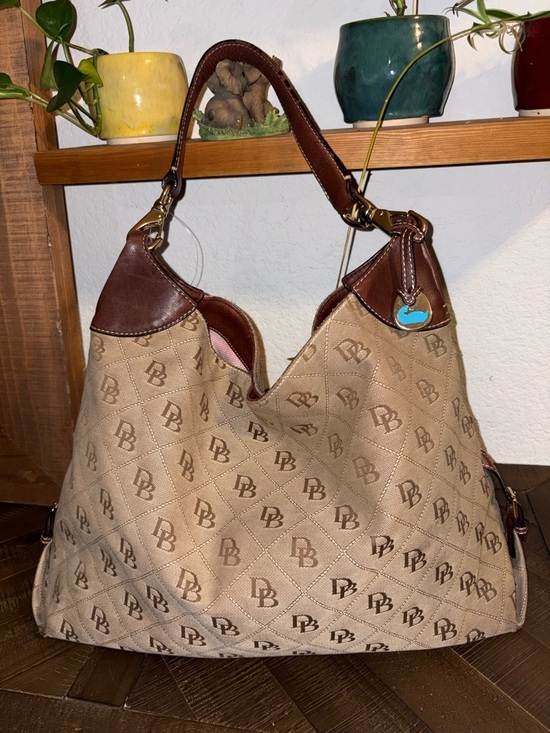 Dooney & Bourke Handbags - Dooney & Bourke Beige Canvas Logo Hobo with Brown Leather Trim